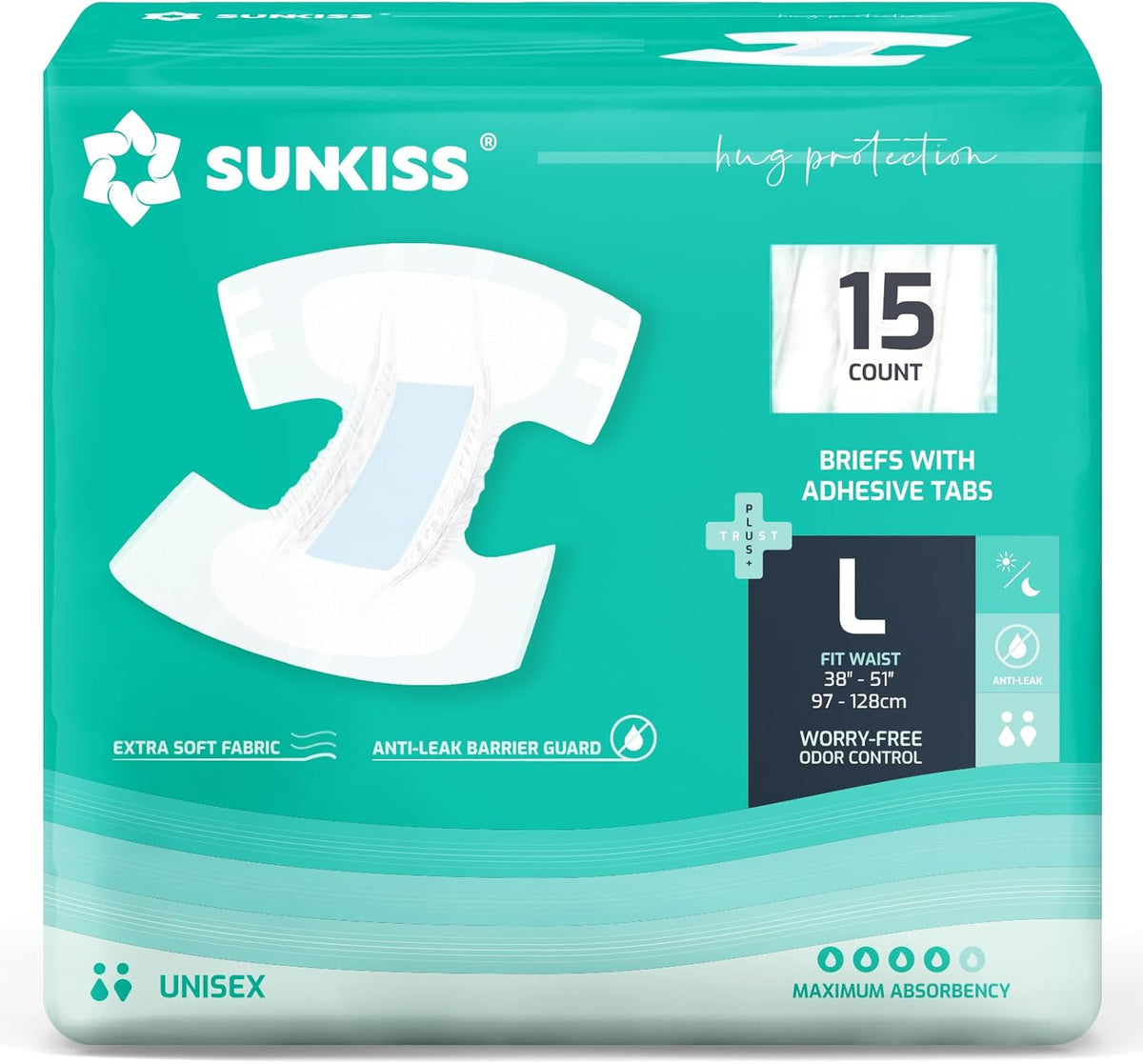 SUNKISS TrustPlus Adult Diapers with Maximum Absorbency, Unisex Disposable Incontinence Briefs with Tabs for Men and Women, Odor Control, Large, 15 Count