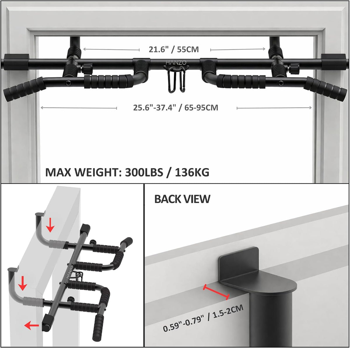 HANZO Doorway Pull Up Bar Set with Suspension Straps – Multi-Grip Chin Up Bar for Home Gym – No Screws, Strength Training Workout Bar, Door Gym Pullup Bar