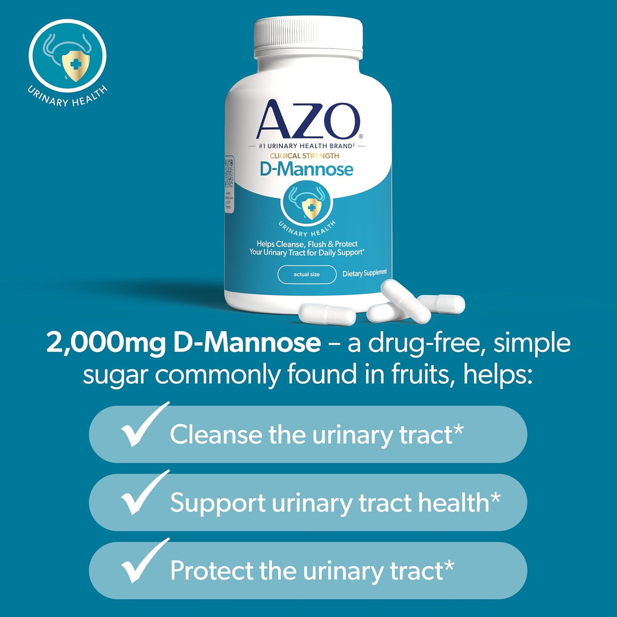 AZO D Mannose Supplement for Women & Men, Clinical Strength, 120 Capsules | D-mannose Pills For Urinary Tract Health, Cleanse Flush & Protect*, Daily Support, 2000mg Clinically Studied Amount