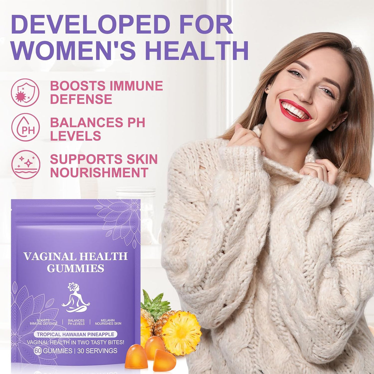 Premium Feminine Balance Gummies,Vital Vaginal Probiotics Source Feminine Gummies,Pineapple Flavor for Women ph,for Women of All Ages - Probiotics for Digestion, Gut Health, Immune Support