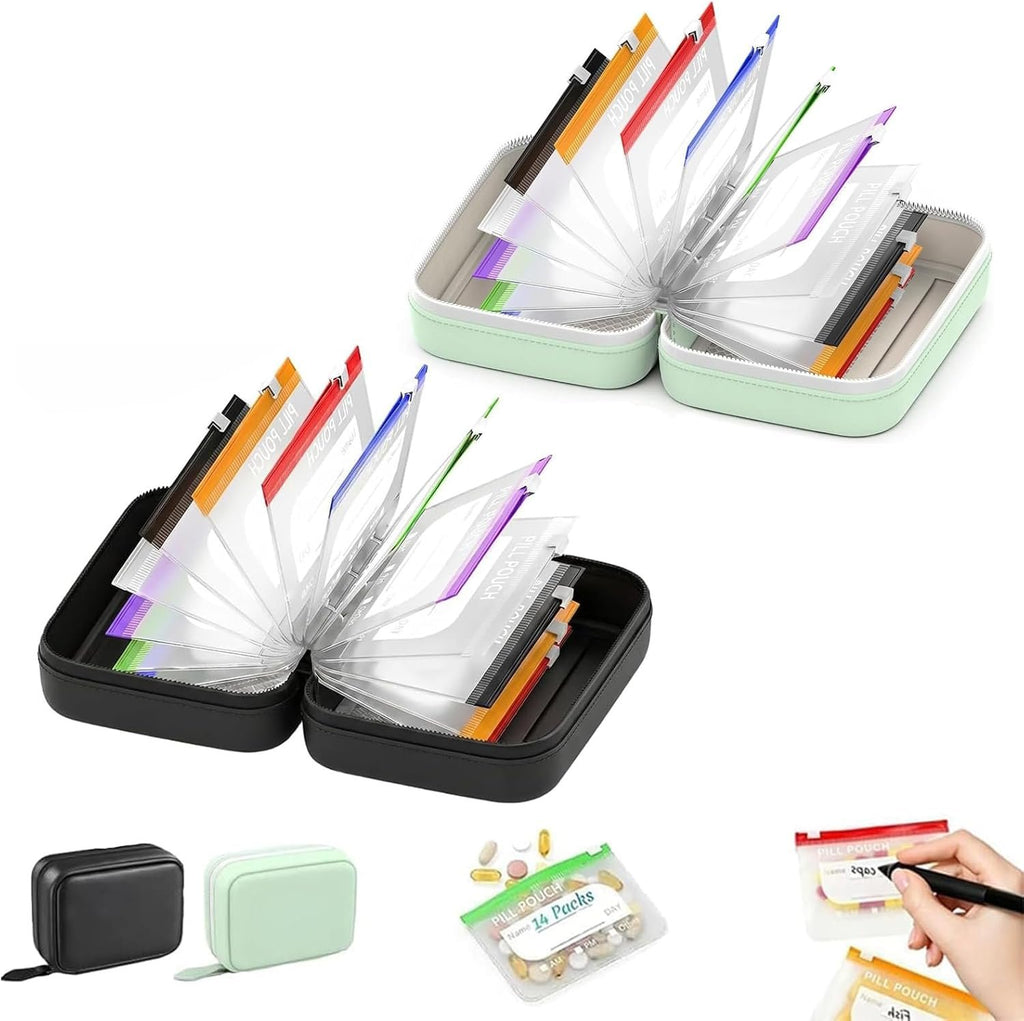 Waterproof Pill Pouch Set, Waterproof Pill Organizer Set with 14pcs Bags Inside, 7 to 14 Days of Meds & Medicine Crush-Resistant Shell, Portable Travel Pill Storage System for Holder Travel (Mix)