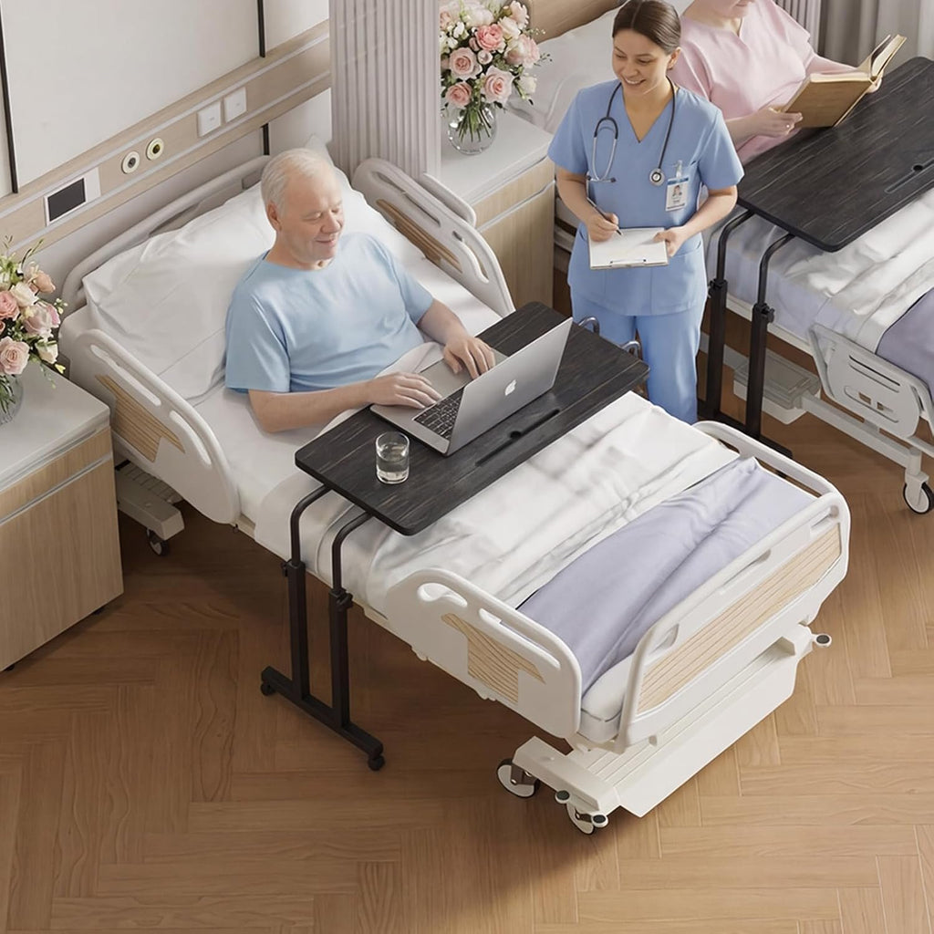 Overbed Table with Wheels, Height Adjustable Hospital Bed Table with Tablet Slot and Edge Stopper, Rolling Over Bed Desk for Recliner, Sofa, Single Bed, Laptop and Meals, Black