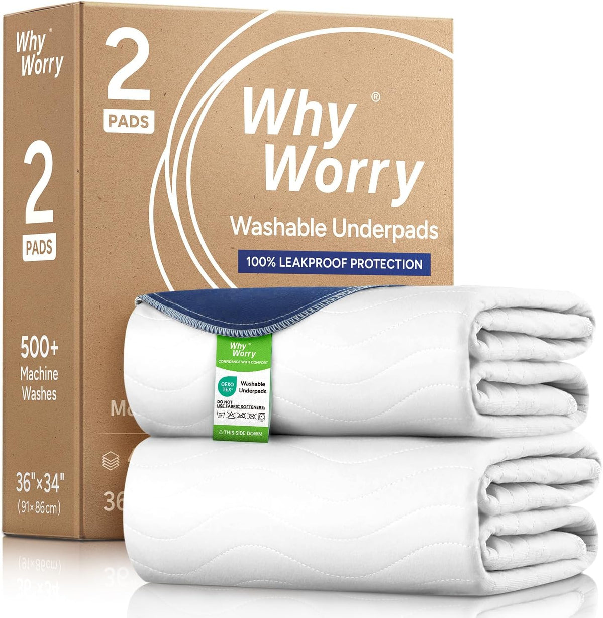 WhyWorry Washable Bed Pads for Adult Incontinence, 86x91cm (Pack of 2) Waterproof Mattress Protector for Bed Wetting, Heavy Absorbent Reusable Underpads for Elderly & Kids, Washable Pee Pads, White