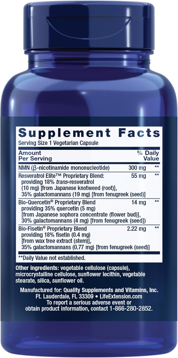 Life Extension NMN with Resveratrol Elite. Nicotinamide Mononucleotide, Trans-Resveratrol, Quercetin & Fisetin. NAD Precursor for Cellular Energy & Healthy Aging. Gluten Free, Non-GMO, 90 Veg Caps