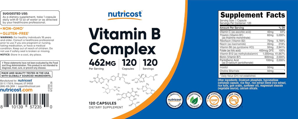 Nutricost High Potency Vitamin B Complex 462mg, 120 Capsules | Energy Complex with Vitamin C