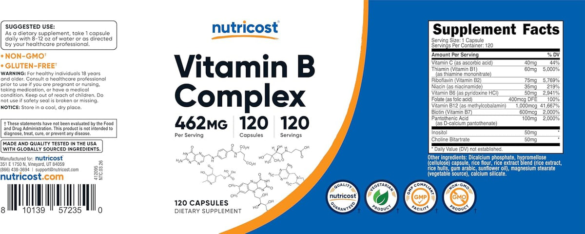 Nutricost High Potency Vitamin B Complex 462mg, 120 Capsules | Energy Complex with Vitamin C