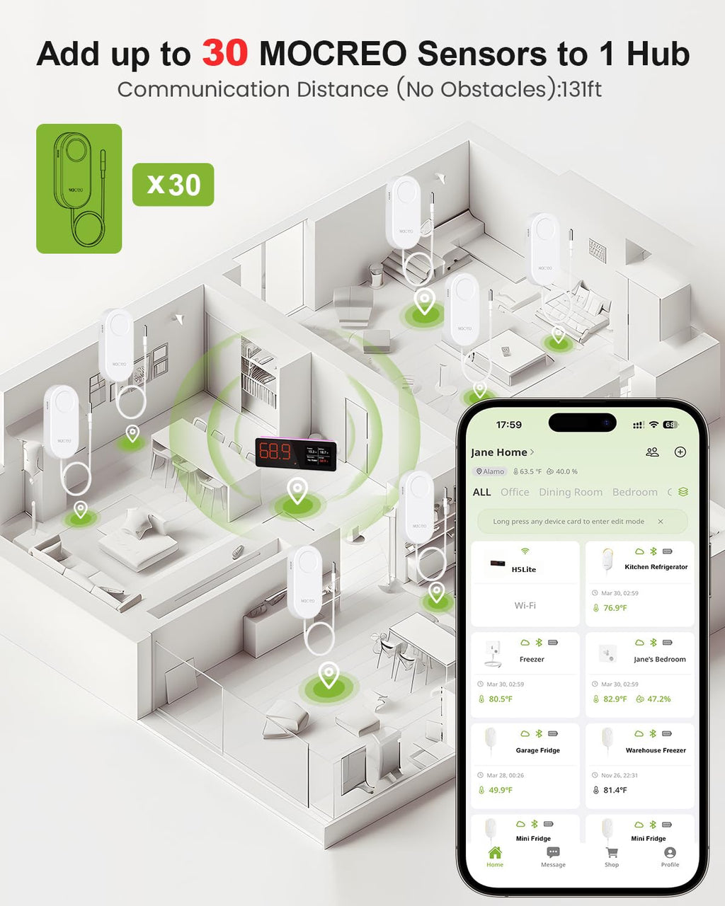 WiFi Freezer Thermometer Alarm with Digital Monitor Hub, App and Email Alerts, 2-Year Data Export, No Subscription Fee, 2 Remote Temperature Sensors for Home Refrigerator, Fridge, Freezer