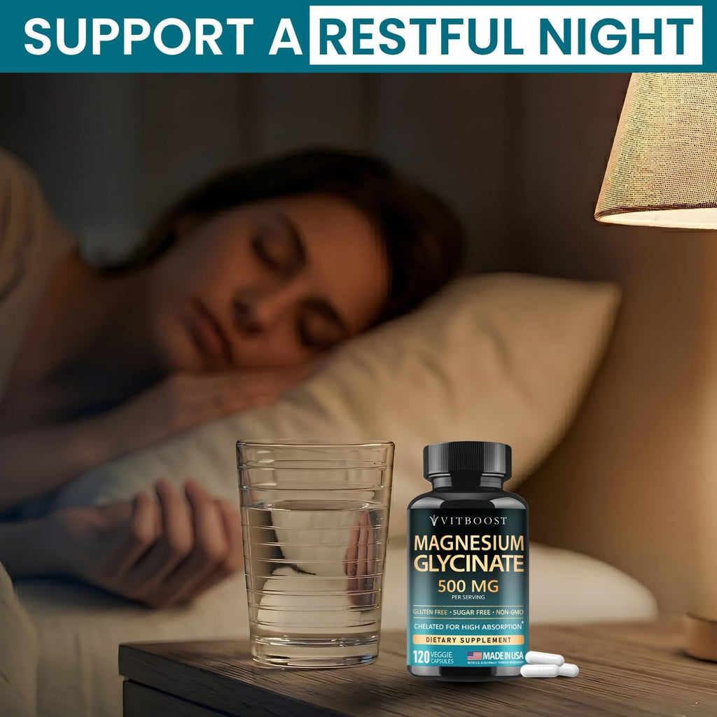 VITBOOST Magnesium Glycinate 500mg - Support Sleep 120 Veggie Capsules | Stress Support High Absorption Chelated Supplement - Non-GMO, 3rd Party Tested - Made in USA