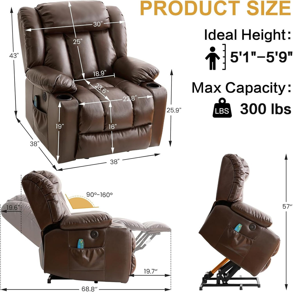 PARKOL Leather Power Lift Recliner Chair for Elderly and Adults | 8-point massage, lumbar heat, silent motor, water-resistant PU leather, USB charging and cup holders, easy assembly