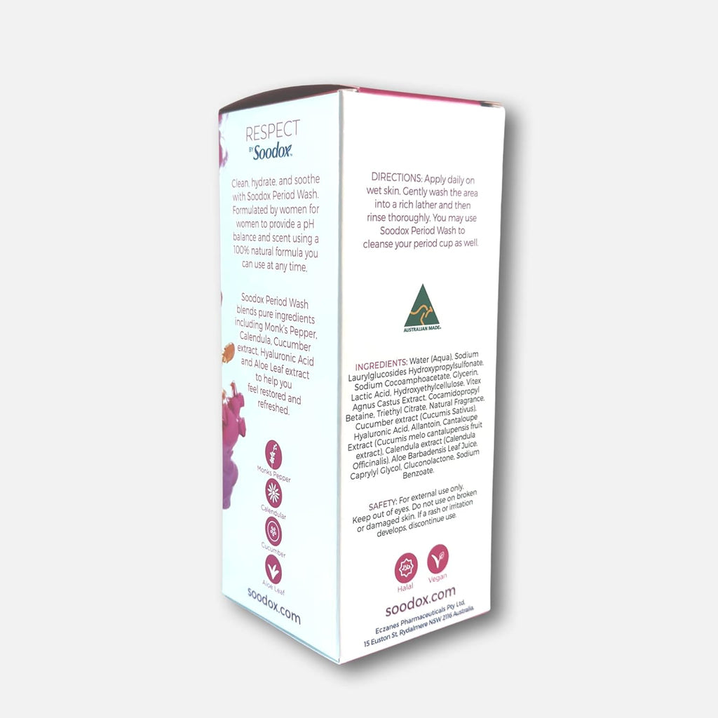 Respect by Soodox Period Wash 200mL, pH Balanced Feminine Wash for Intimate & Period Care, Gentle Sensitive Skin Cleanser, Travel Twist Cap