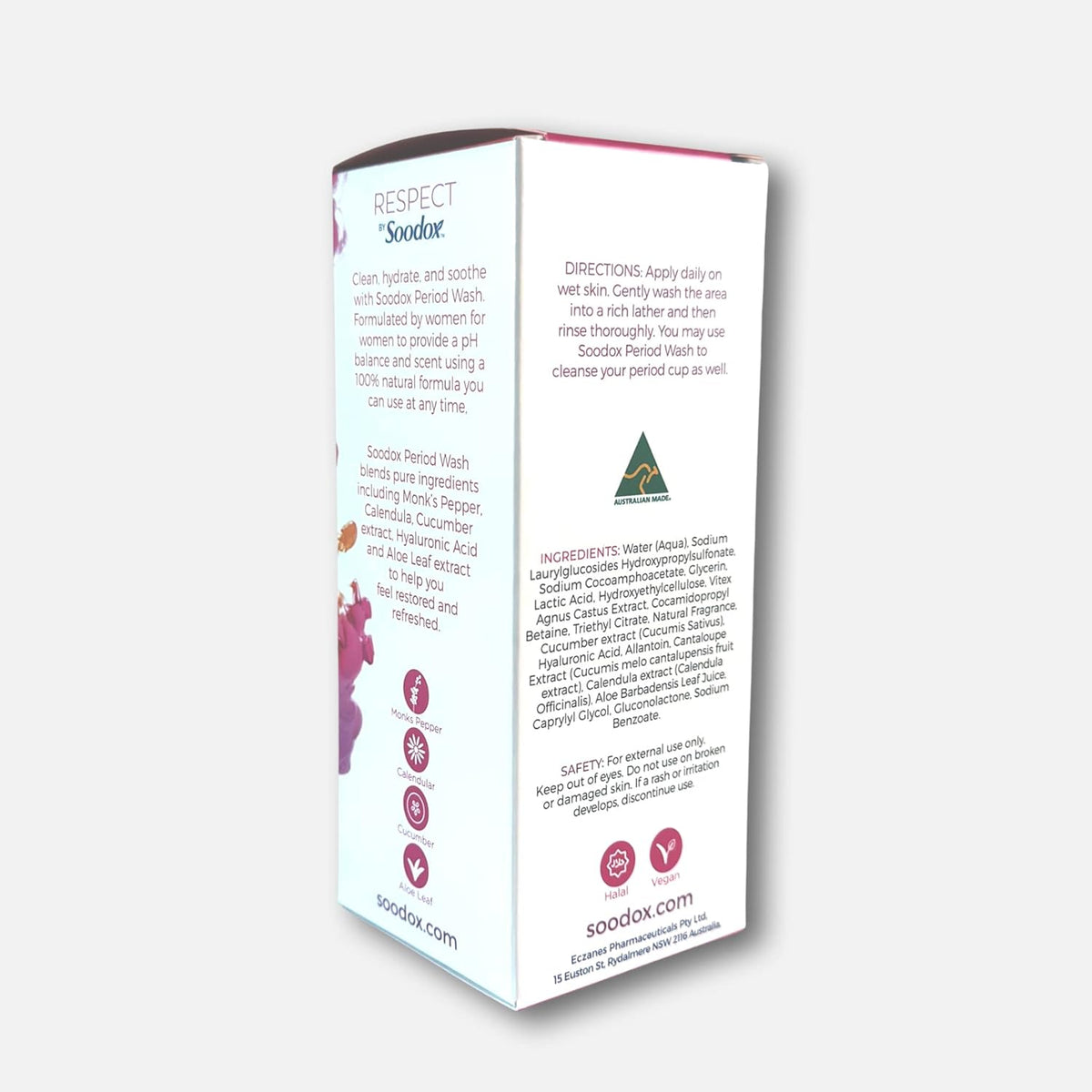 Respect by Soodox Period Wash 200mL, pH Balanced Feminine Wash for Intimate & Period Care, Gentle Sensitive Skin Cleanser, Travel Twist Cap