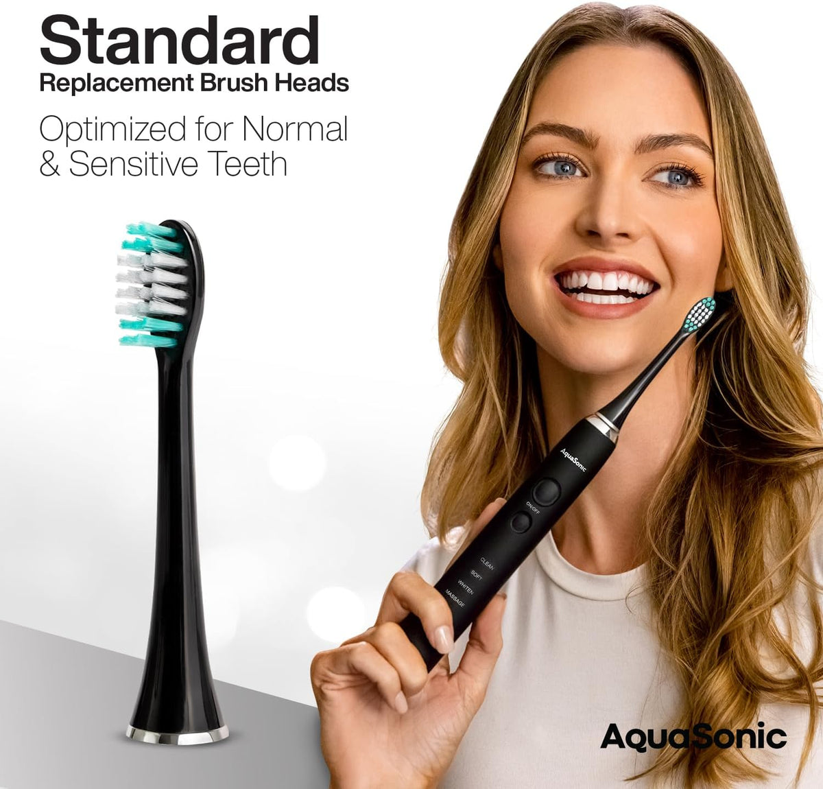 AquaSonic Genuine Standard Replacement Brush Heads | ADA Accepted | for Normal & Sensitive Teeth | Compatible with Many AquaSonic Toothbrush Handles (2 Pack Black)