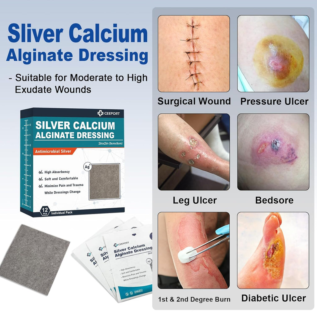 Ceeport Ag Silver Calcium Alginate Wound Dressings 5 x 5 cm 12 Individual Packs, Highly Absorbent Painless Removal Dressings, Soft Silver Dressing for the