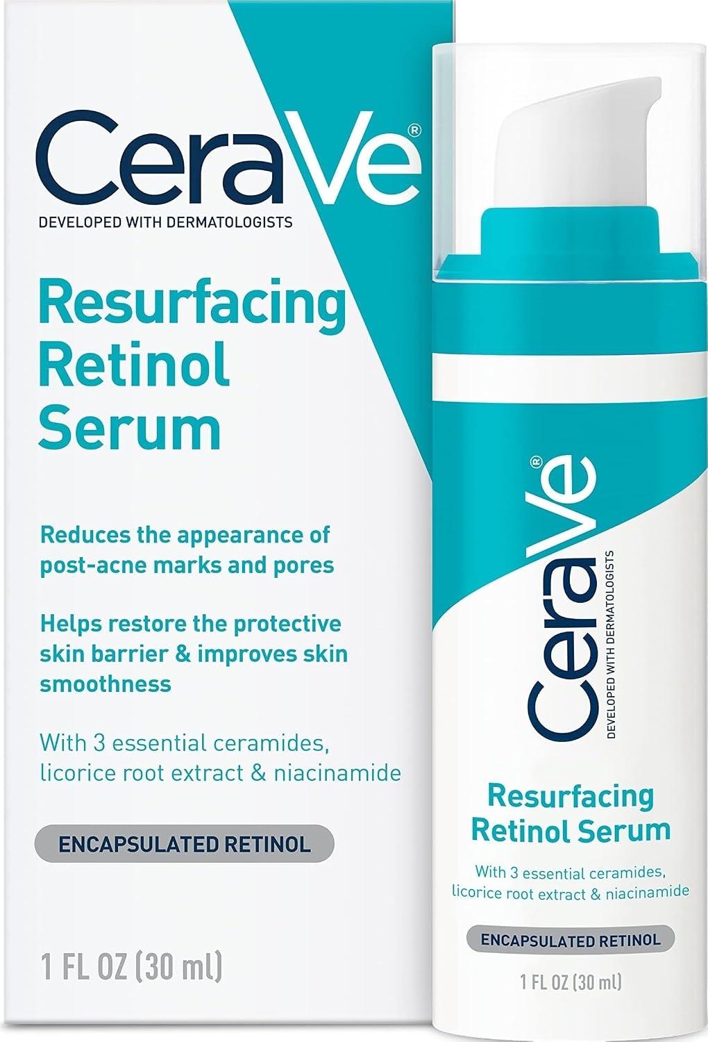 CeraVe Resurfacing Retinol Face Serum with Niacinamide, Pore Minimizer, 1oz | Skin Care Brightening Serum with Licorice Root, Acne Scar & Hyperpigmentation Treatment, Dark Spot Corrector, Skin Repair