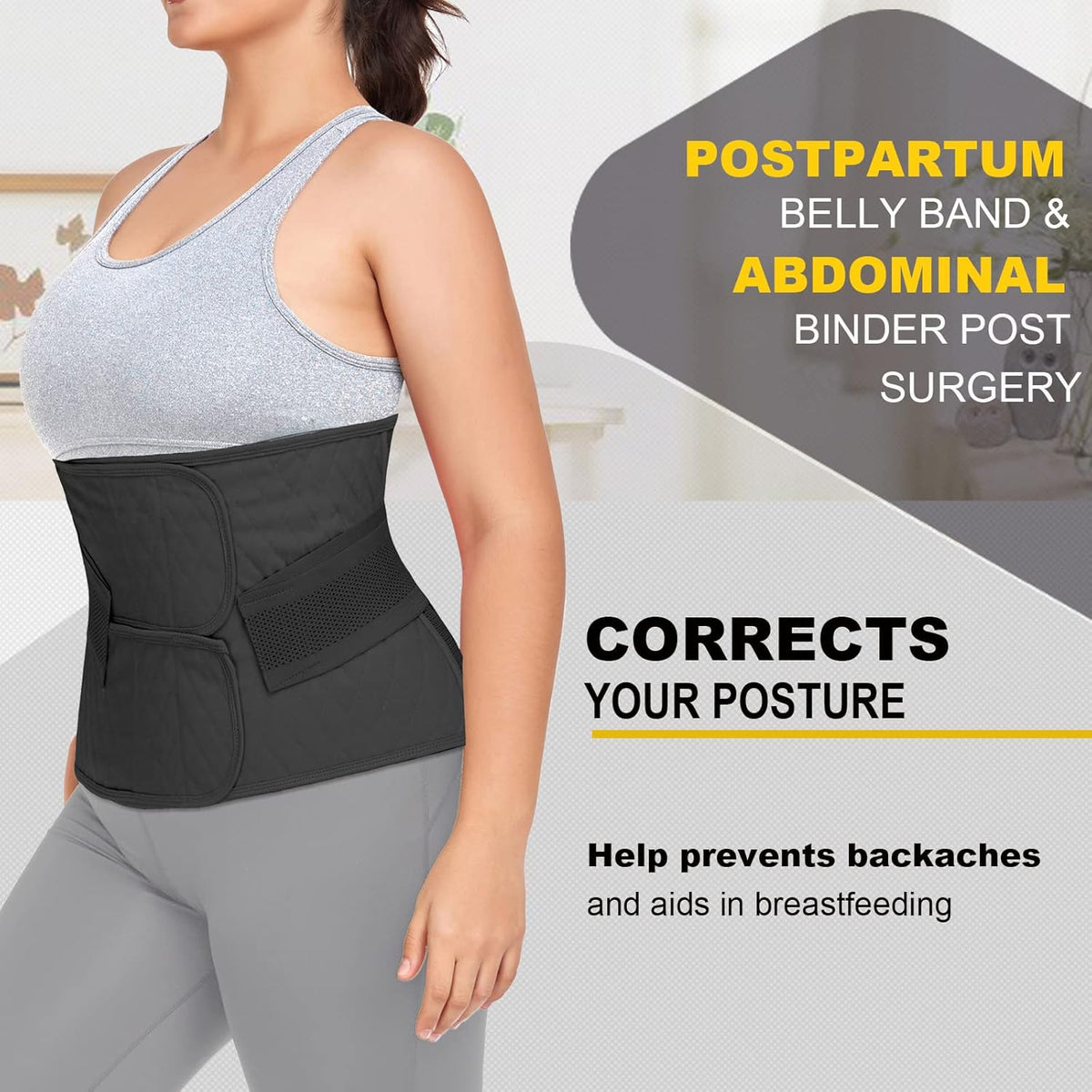 Postpartum Belly Band Abdominal Binder Post Surgery C-section Belly Binder Wrap Girdle Recovery Belt Back Support (X-Large, Black)