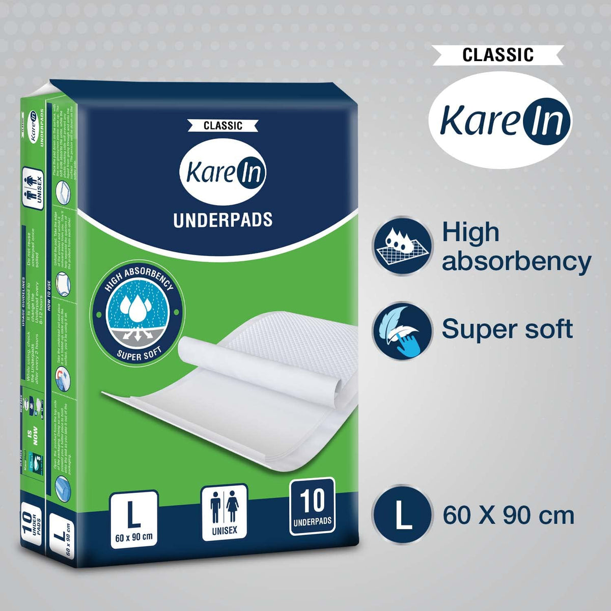 KareIn Classic Underpads, Large, 60 x 90 Cm, 10 Count, Superior Absorbency, Leak Proof, Pack of 1