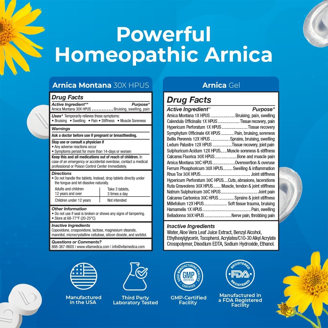 VitaMedica Arnica Tablets & Gel Bundle - 150 Tablets + 3 oz Gel | Support for Bruising, Swelling & Soreness, Rapid-Dissolve 30X Tablets + Water-Based Topical Gel, Plant-Based