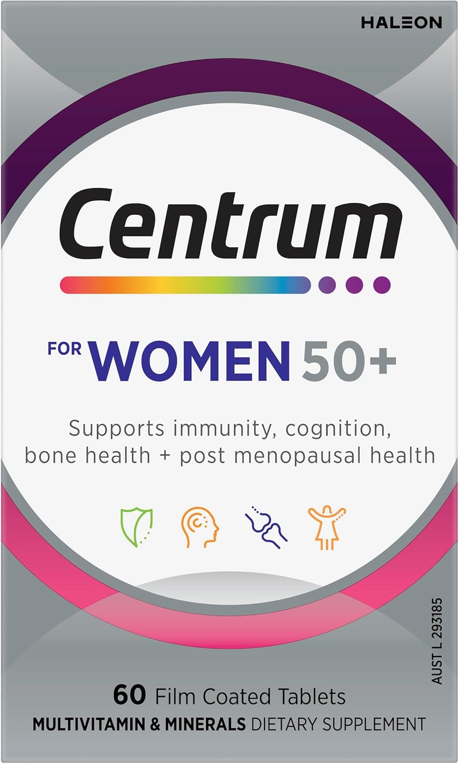 Centrum Women 50+, Multi Vitamin & Minerals Supplement, 60 Tablets | Supports Immunity, Cognition, Bone Health + Post Menopausal Health