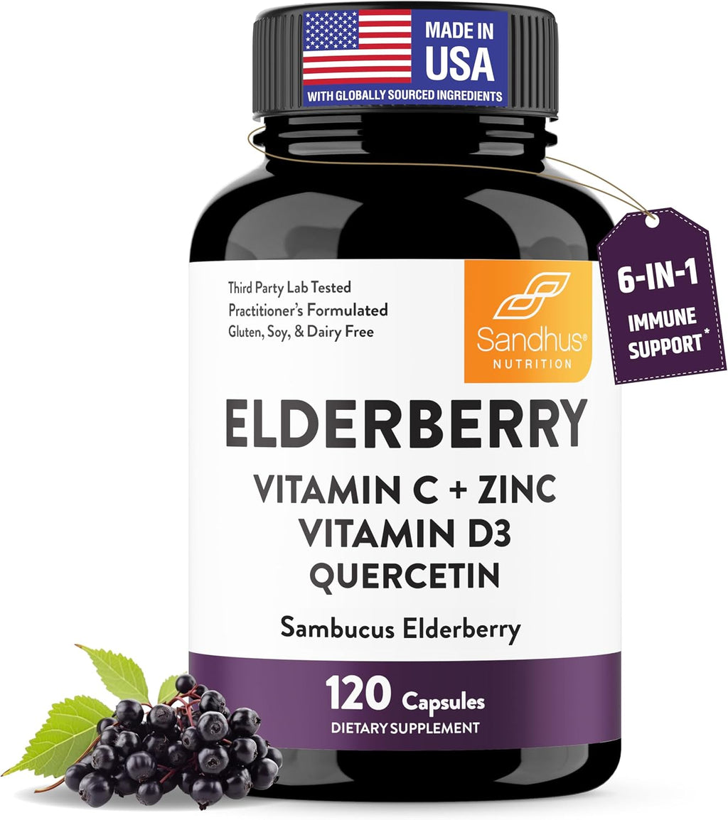 Elderberry Vitamin C and Zinc Capsules with D3 and Quercetin, 120 Count | 6-in-1 Immune Support Supplements For Adults, Sambucus Extract Zink Ginger USA Made in NSF GMP Certified Facility By Sandhu's
