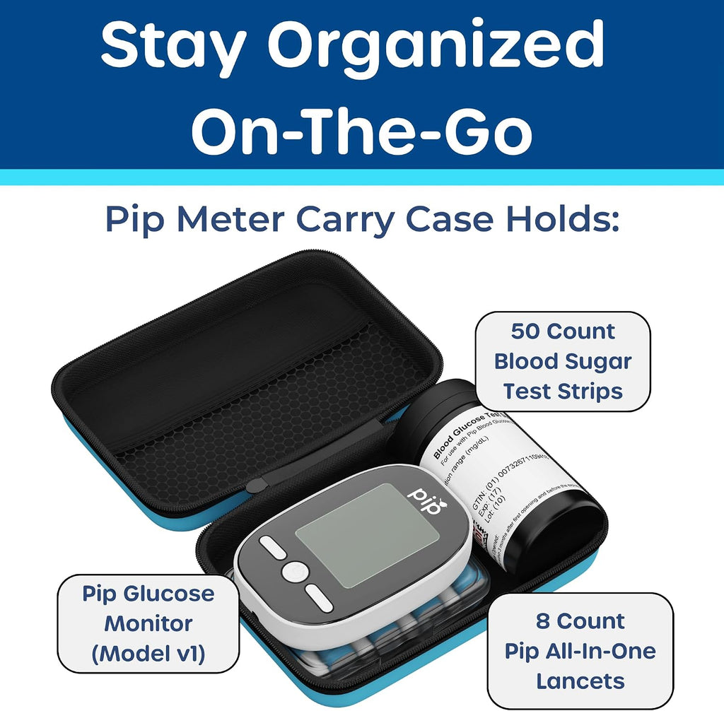 Pip Blood Glucose Monitor Kit - 50 Test Strips, Preloaded Lancets & Case