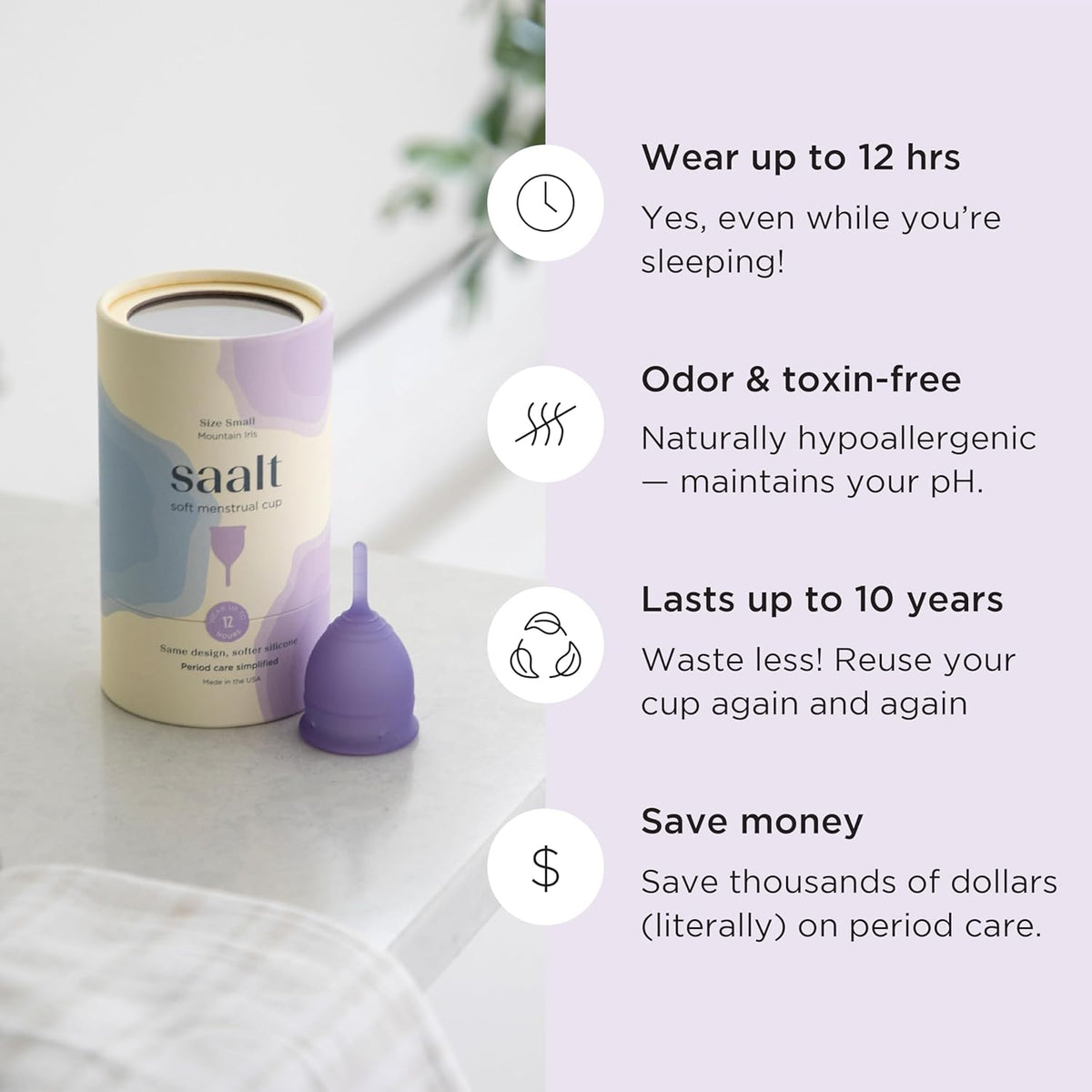 Saalt Soft Menstrual Cup – Reusable Period Cup – Made for Comfortable, Leak-Free Protection Up to 12 Hours – BPA & Latex Free – Includes Cup & Carry Bag (Regular, Mountain Iris)