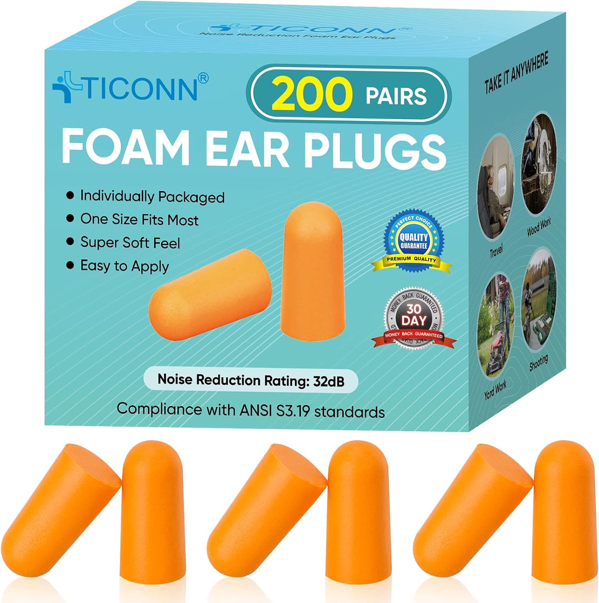 TICONN 200 Pairs Foam Ear Plugs, Hunting Earplugs Individually Wrapped 32dB NRR Noise Reduction Ear Plugs for Sleeping Fishing Passive Hearing Protection Travel Study Concentration (200 Pairs)