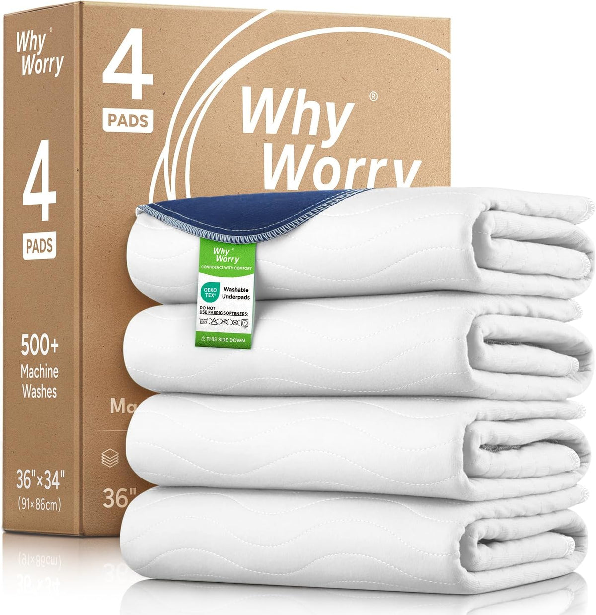 WhyWorry Washable Bed Pads for Adult Incontinence, 86x91cm (Pack of 4) Waterproof Mattress Protector for Bed Wetting, Heavy Absorbent Reusable Underpads for Elderly & Kids, Washable Pee Pads, White