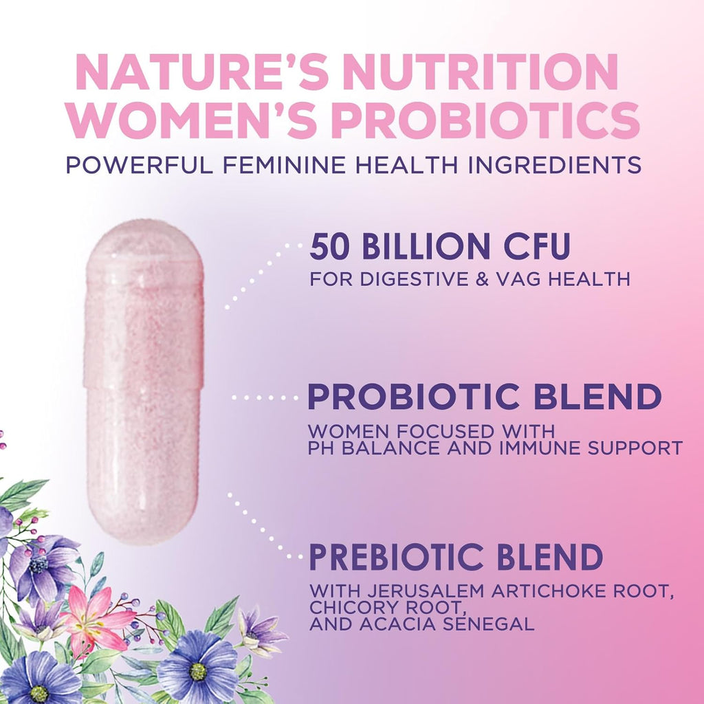 Women’s Probiotics 50 Billion CFU Guaranteed, Vegan Probiotic Strains, Supports Womens Digestive, Immune, Vaginal, & Urinary Health, Delayed Release, No Soy Gluten Nature's Probiotic - 120 Capsules