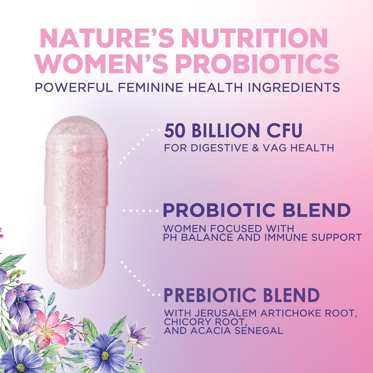 Women’s Probiotics 50 Billion CFU Guaranteed, Vegan Probiotic Strains, Supports Womens Digestive, Immune, Vaginal, & Urinary Health, Delayed Release, No Soy Gluten Nature's Probiotic - 120 Capsules