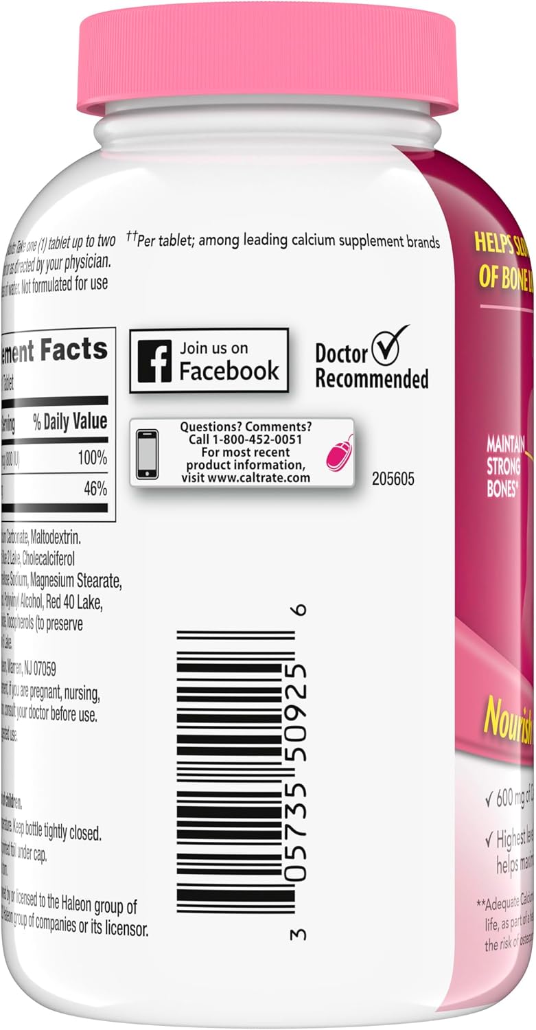 Caltrate 600 Plus D3 Vitamin D and Calcium Supplement Tablets, 200 Count | Highest Level of Vitamin D3, Maximizes Calcium Absorption to Support Strong Bones and Daily Function