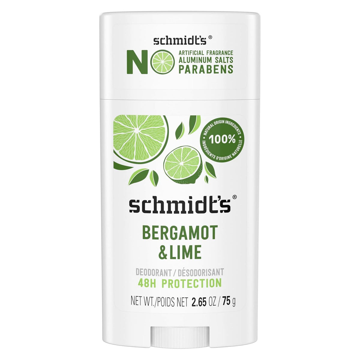 Schmidt's Aluminum-Free Vegan Deodorant Bergamot & Lime for Women and Men, with 24 Hour Odor Protection, Natural Ingredients, Cruelty-Free, 2.65 oz