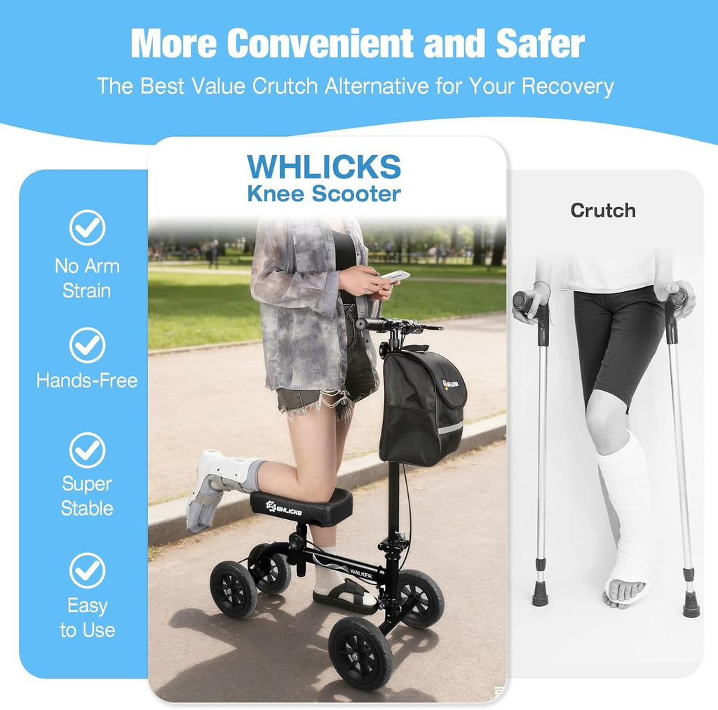 WHLICKS Foldable All Terrain Knee Scooter for Adults for Foot Injuries | Steerable Knee Walker with PU Wheels, Medical Knee Scooter for Broken Foot Injured, Lightweight Leg Scooter for Broken Ankle