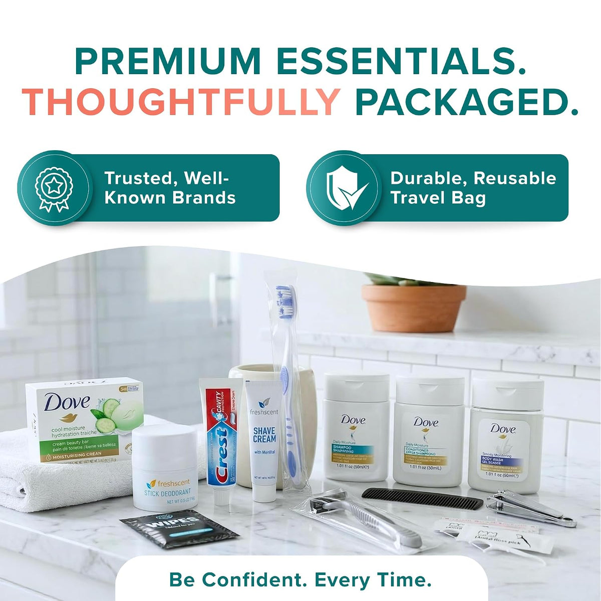 20-Piece Unisex Travel Toiletry Kit – Premium Brand-Name Travel Toiletries | TSA Approved Travel Essentials with Shampoo, Conditioner, Body Wash, Deodorant & Oral Care in Clear Bag