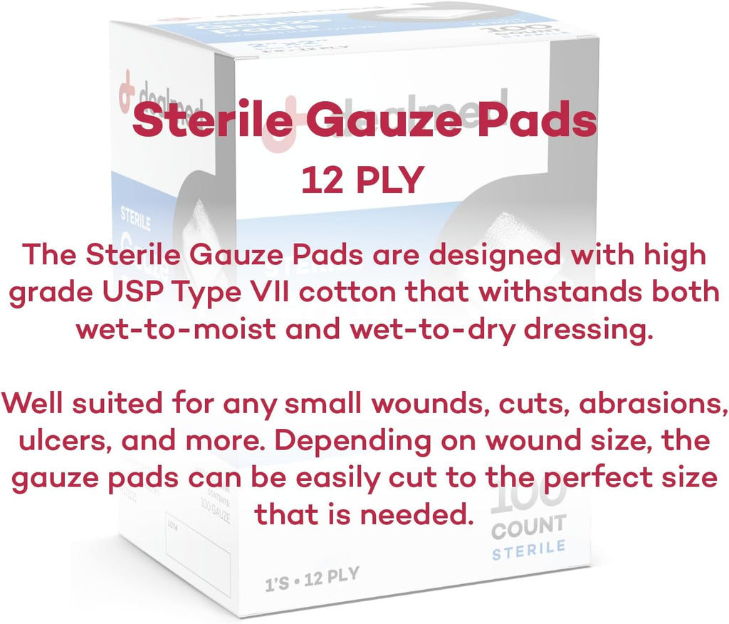 Dealmed 2’’ x 2’’ Sterile Gauze Pads (100 Count) Disposable and Individually Wrapped Medical Gauze Pads, Wound Care Product for First Aid Kit and Medical Facilities (Pack of 1)