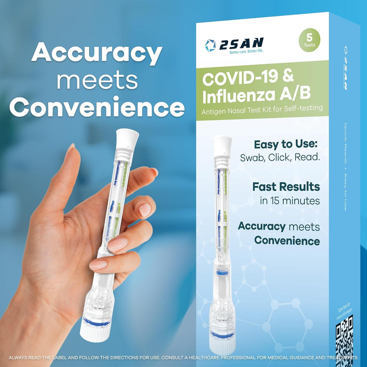 2San COVID-19 & Flu A/B Pen Test – Results in 15 Minutes – 5-Pack (5 Test) – Rapid Antigen Home Test – Clinically Accurate – Easy, Non-Intrusive Nasal Swab – Detects Flu & COVID