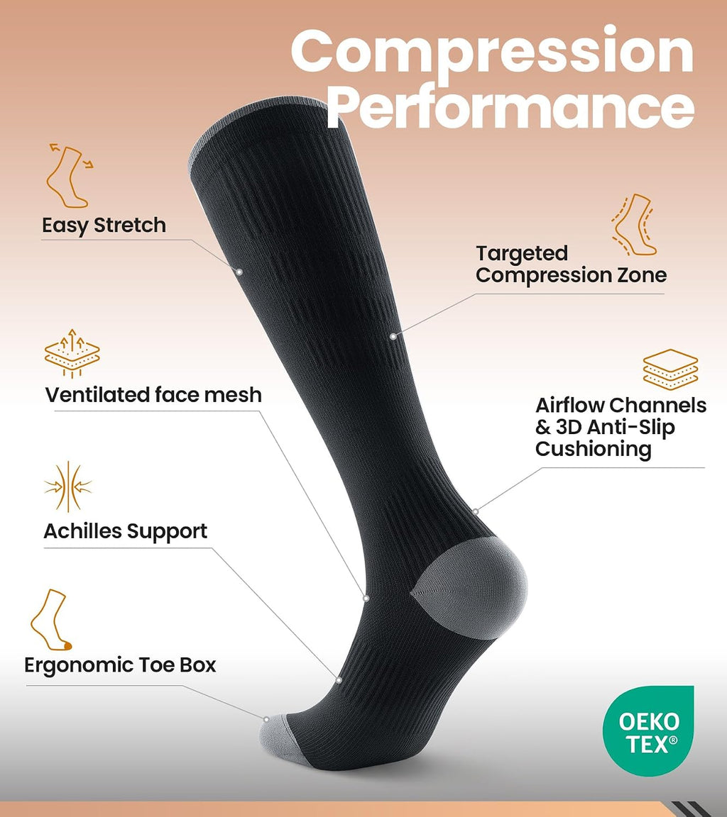 Benirap Breathable Compression Socks for Women Men, 15-20 mmHg Knee High Circulation for Travel, Flying, Athletic, 2 pairs