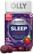 OLLY Max Strength Sleep Gummy, 10mg Melatonin, L-Theanine, Chamomile, Lemon Balm, Sugar Free, Vegetarian Sleep Aid, Strawberry - 70 Count