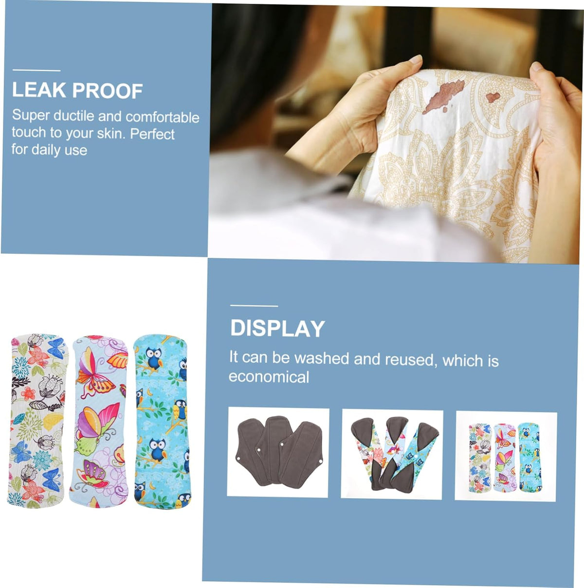 Baluue Menstrual Pads Reusable Washable Bamboo Charcoal Sanitary Pads Sizes 6, 9, 10 for Sensitive Skin Overnight Use 3 Pcs Random Color