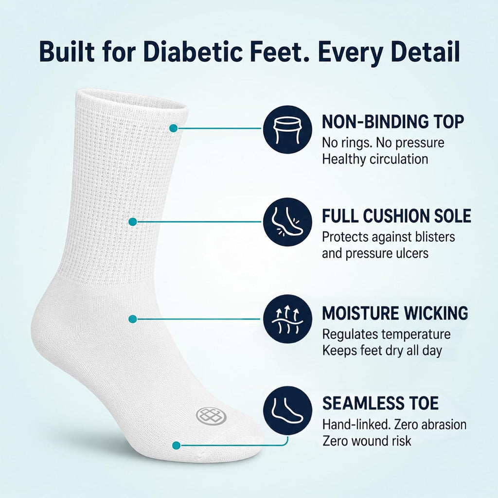 Doctor's Choice Diabetic Crew Socks for Men, Non-Binding Top, 4 Pairs | Seamless Toe, Fully Cushioned Footbed, Moisture-Wicking Fabric, Four-Way Stretch