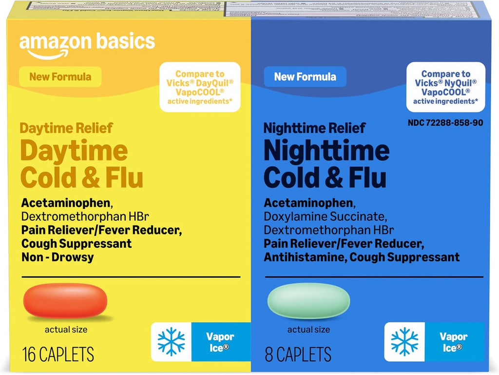 Amazon Basics Vapor Ice Daytime and Nighttime Severe Cold and Flu, Coated Caplets, Combo Pack, 24 Count (Previously Amazon Basic Care)