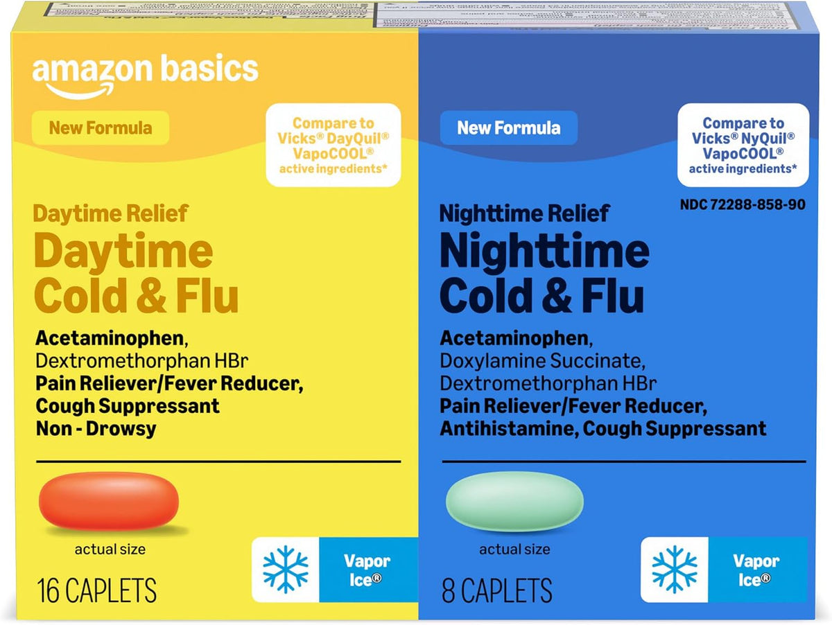 Amazon Basics Vapor Ice Daytime and Nighttime Severe Cold and Flu, Coated Caplets, Combo Pack, 24 Count (Previously Amazon Basic Care)