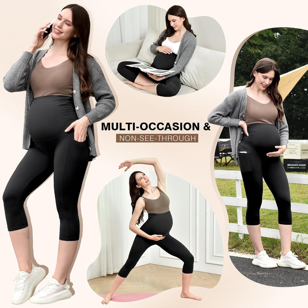 Ipletix Maternity Capris Leggings with Pockets Pregnancy Yoga Pants