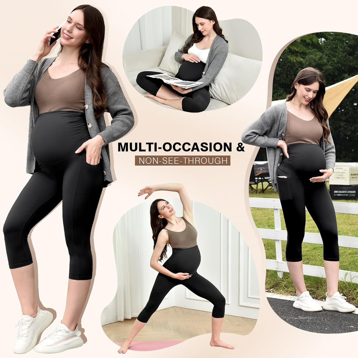 Ipletix Maternity Capris Leggings with Pockets Pregnancy Yoga Pants