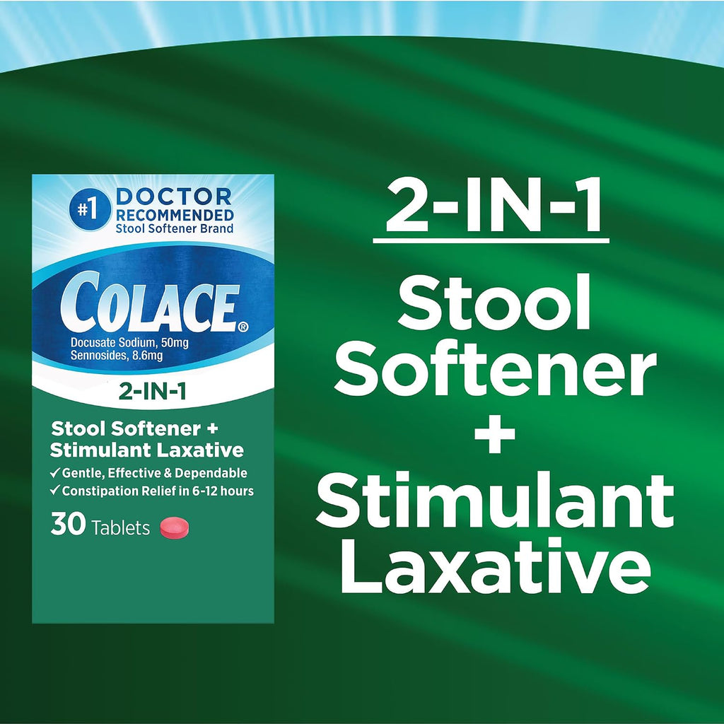 Colace 2-in-1 Stool Softener Plus Stimulant Laxative Tablets, 30 Count
