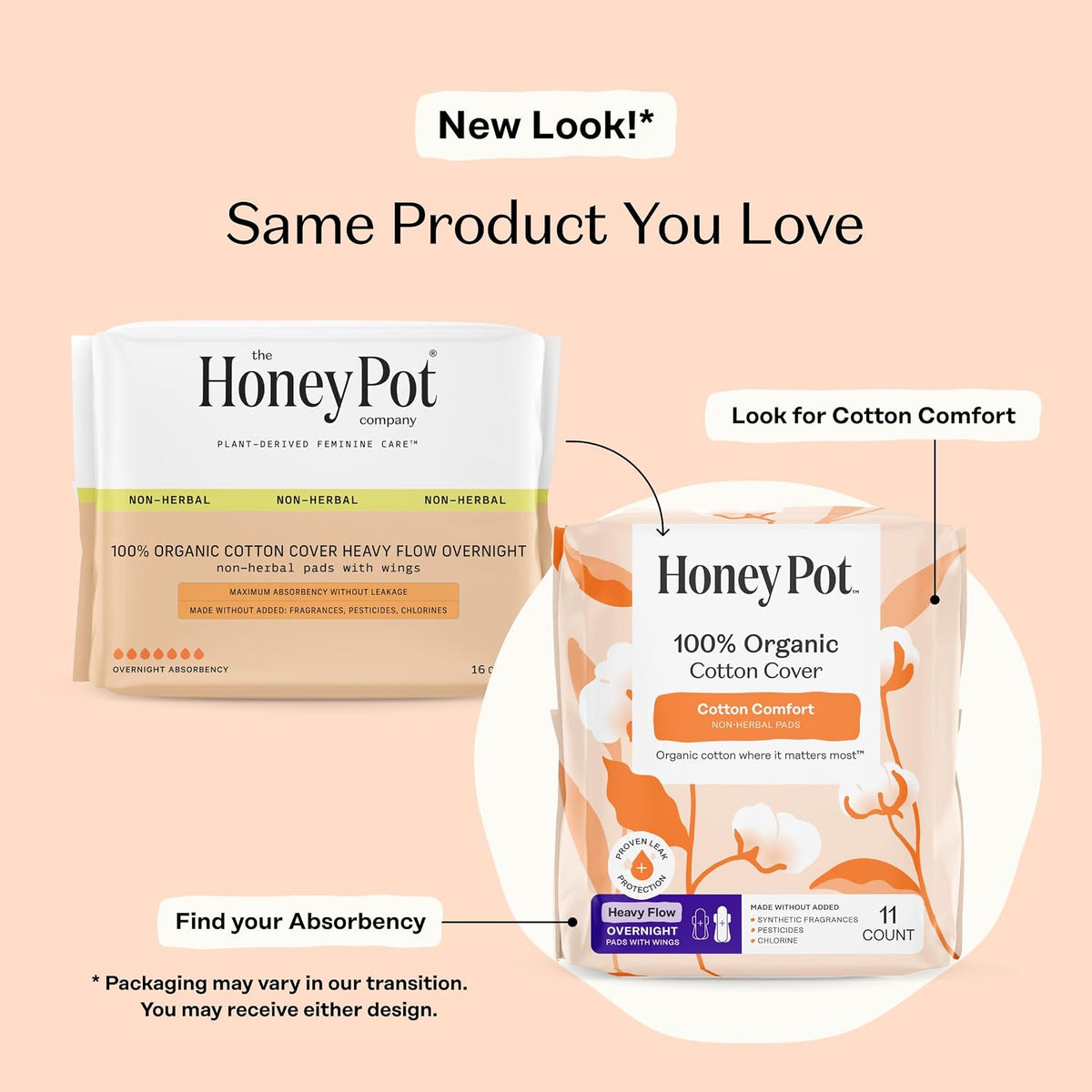 The Honey Pot Company - Cotton Comfort - Heavy Flow Overnight Pads | Non-Herbal - Organic Cotton Cover - Menstrual Pads w/Wings - No Fragrance & Ultra-Absorbent Pulp Core - Feminine Care - 44ct