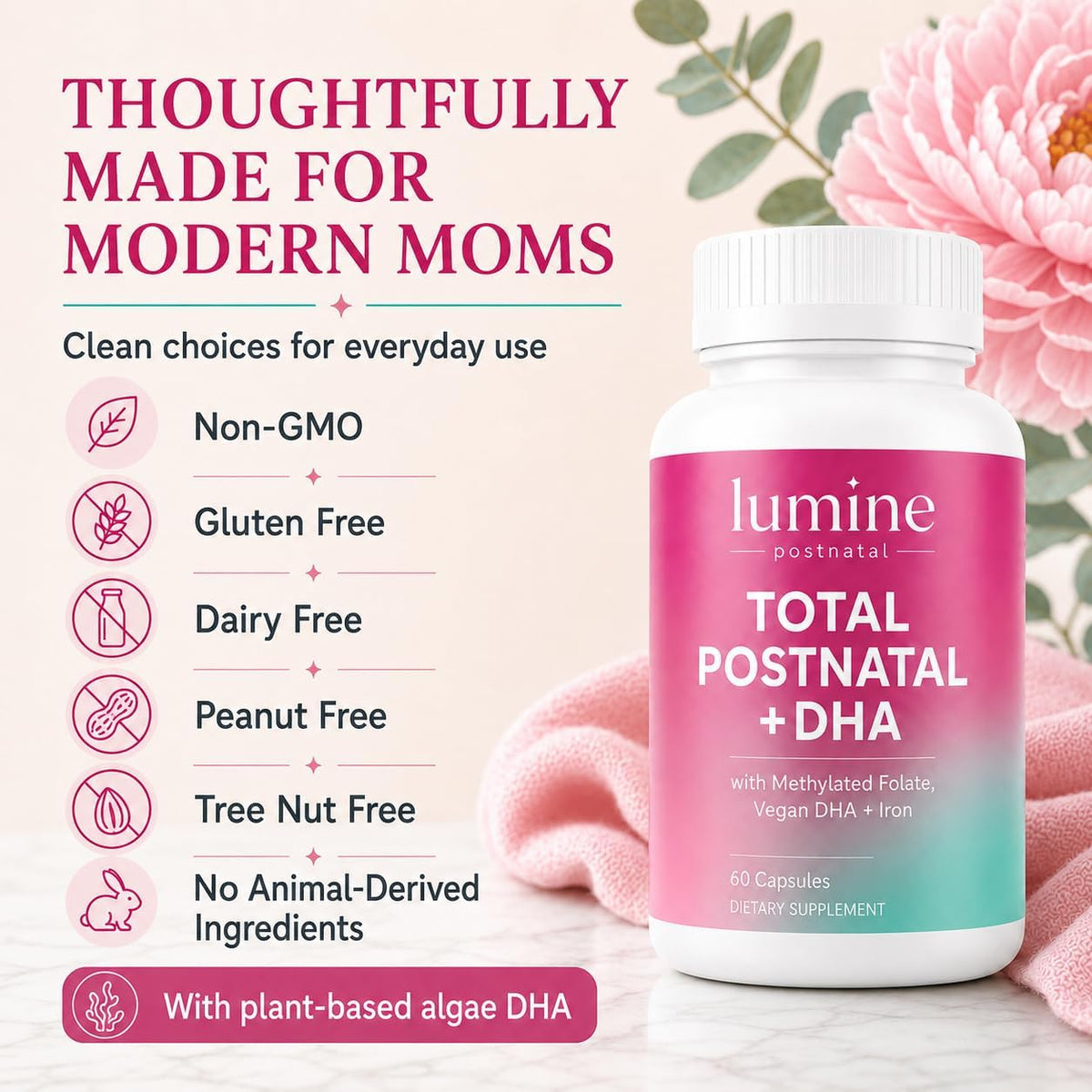 LUMINE Organics Postnatal Vitamins for Women 60 Capsules | Postnatal Nutrition with 20 Essential Nutrients, 200 mg Plant-Based DHA, Methylated Folate, Iron and Biotin for New Moms