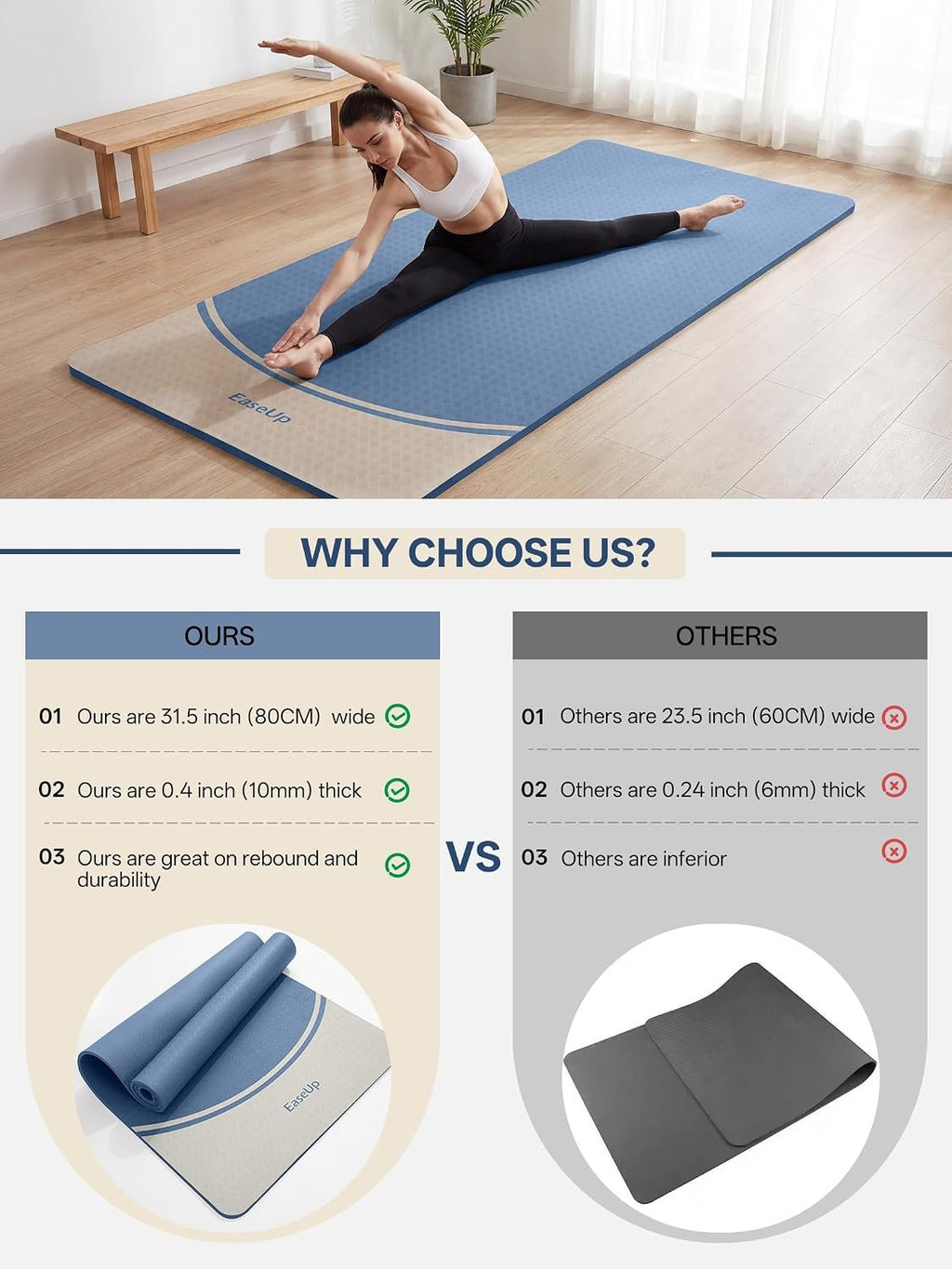 EaseUp 10mm Thick Yoga Mat, 73"×31.5" Extra Wide, Non-Slip with Strap | Extra thick 0.4inch yoga mats for Yoga,Exercise,Pilates and Fitness, for Women Men Home Workout