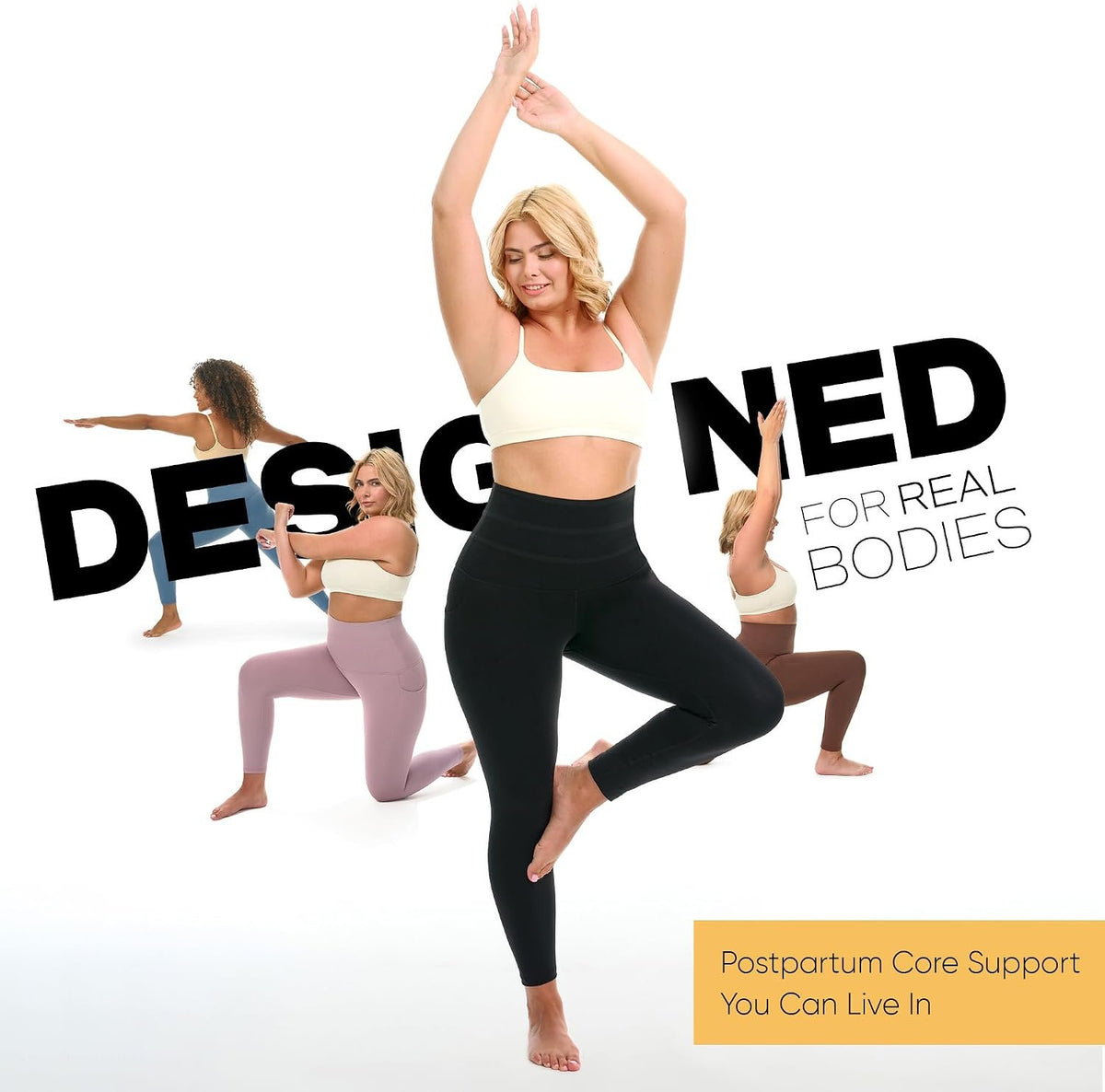 AKARA Postpartum Tummy Control Leggings for Women – No Roll Down Leggings – Two Pockets Three Tier High Waist Band Yoga Pants