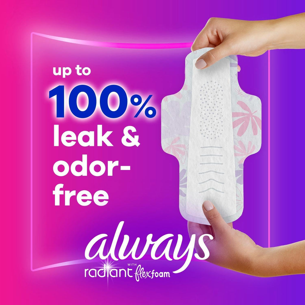 Always Radiant Feminine Pads for Women, Flexfoam Pads with Wings, Size 2, Heavy Absorbency, Lightly Scented, 78 Count (3 Packs of 26)