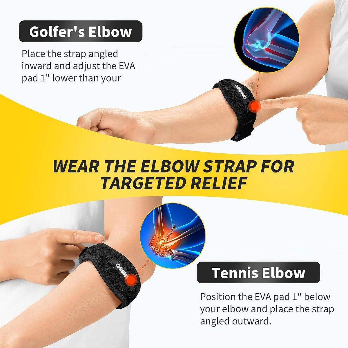 CAMBIVO 2 Pack Tennis Elbow Brace Strap for Tendonitis, Black | EVA Compression Pad, Adjustable Strap with Premium Velcro, for Men and Women, Golfer's Elbow, Counterforce Brace, Breathable